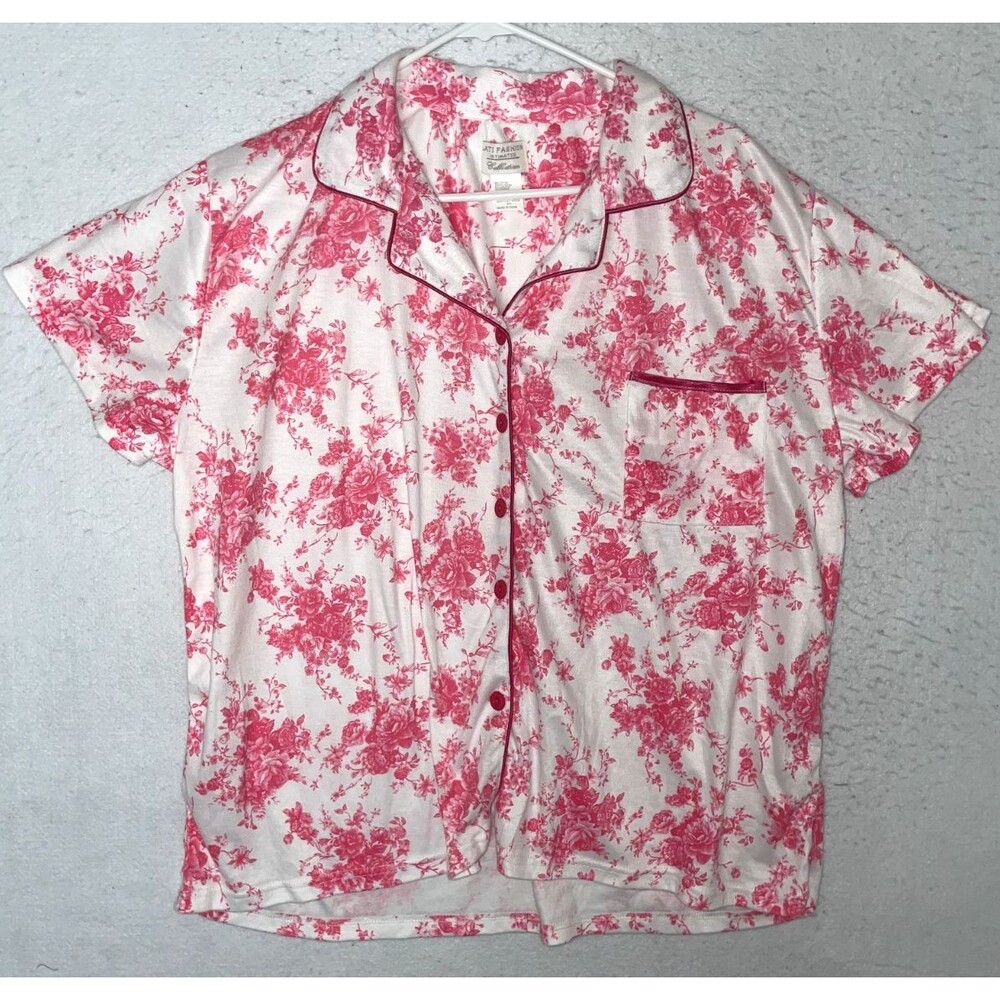 Lati Fashion Intimates 3X Pink & White Floral Print PJ Top Short Sleeve button
